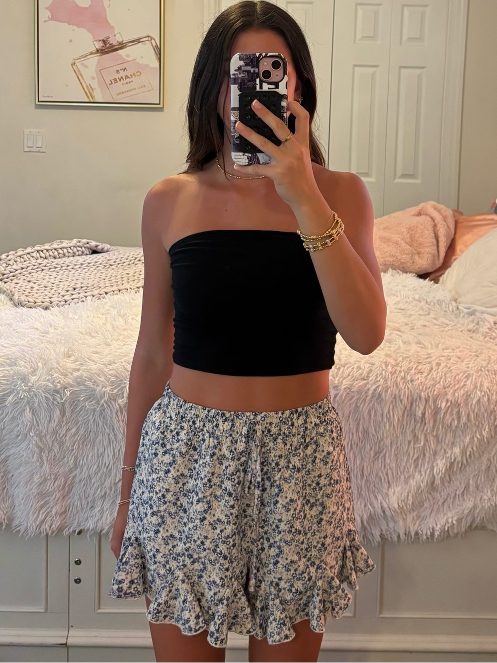 Floral Ruffle Hem Women's Shorts - Blue/White